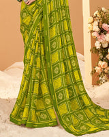 Vishal Prints Mehandi Green Printed Chiffon Saree With Fancy Border