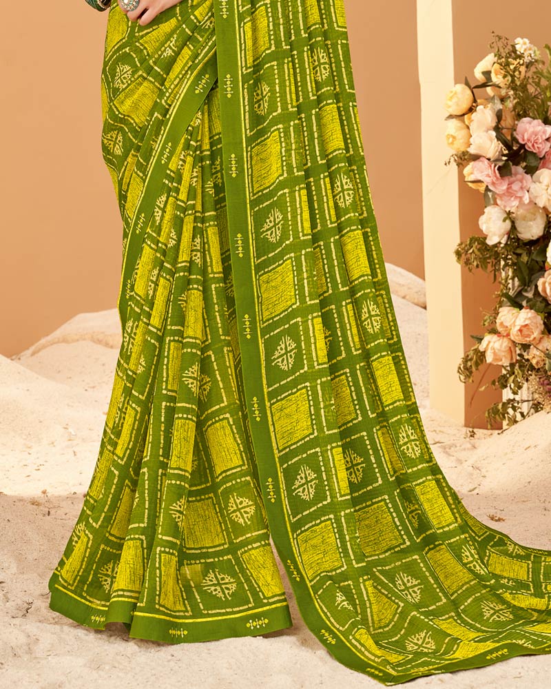 Vishal Prints Mehandi Green Printed Chiffon Saree With Fancy Border