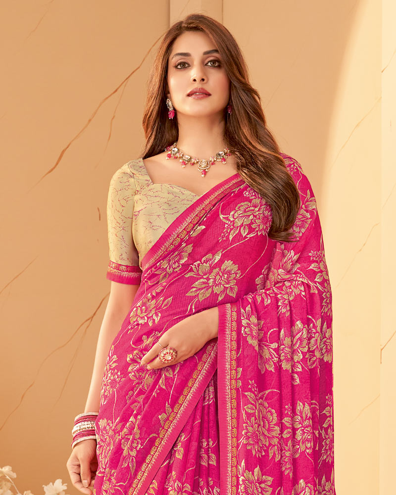 Vishal Prints French Rose Printed Chiffon Saree With Fancy Border