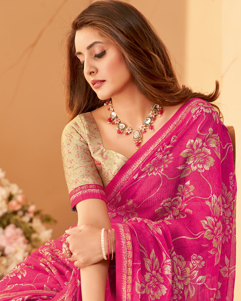 Vishal Prints French Rose Printed Chiffon Saree With Fancy Border