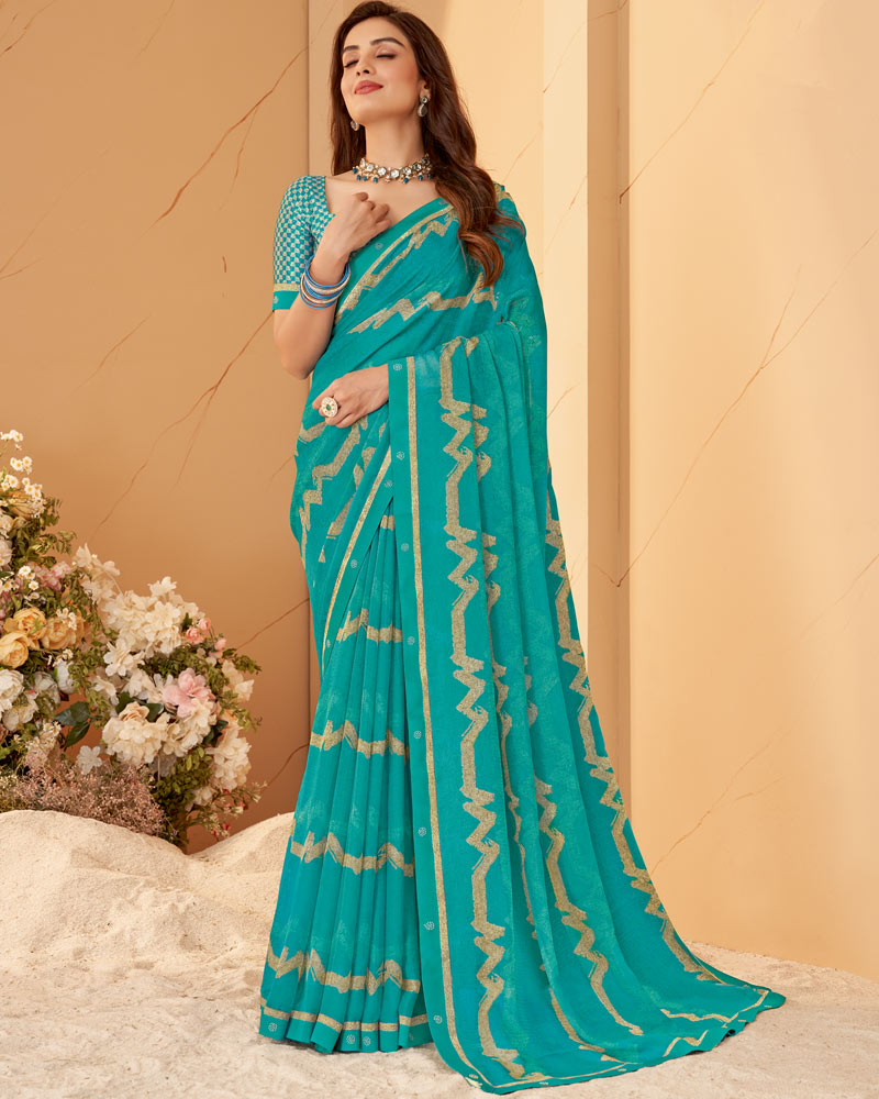 Vishal Prints Teal Blue Printed Chiffon Saree With Fancy Border