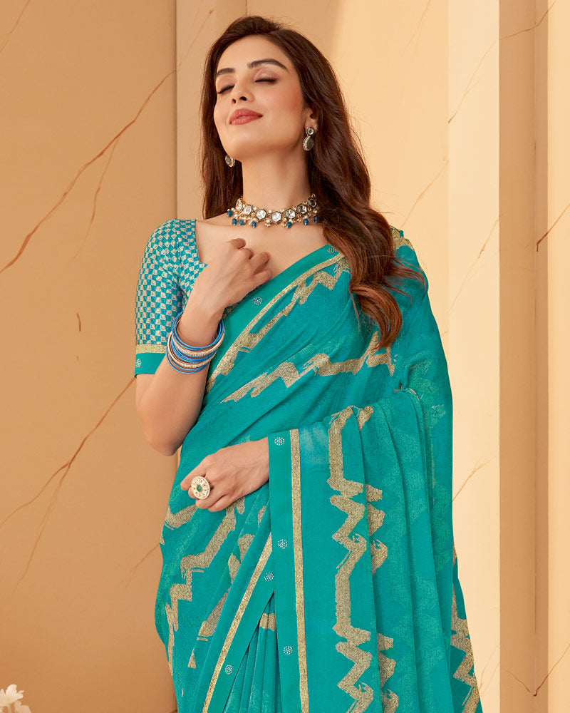Vishal Prints Teal Blue Printed Chiffon Saree With Fancy Border