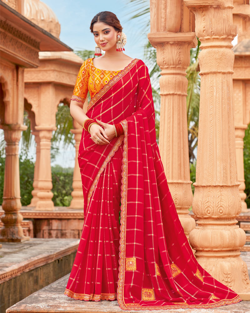 Vishal Prints Lipstick Red Designer Patterned Chiffon Traditional Print Saree With Embroidery Patch Work And Cut Work Border