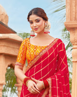 Vishal Prints Lipstick Red Designer Patterned Chiffon Traditional Print Saree With Embroidery Patch Work And Cut Work Border