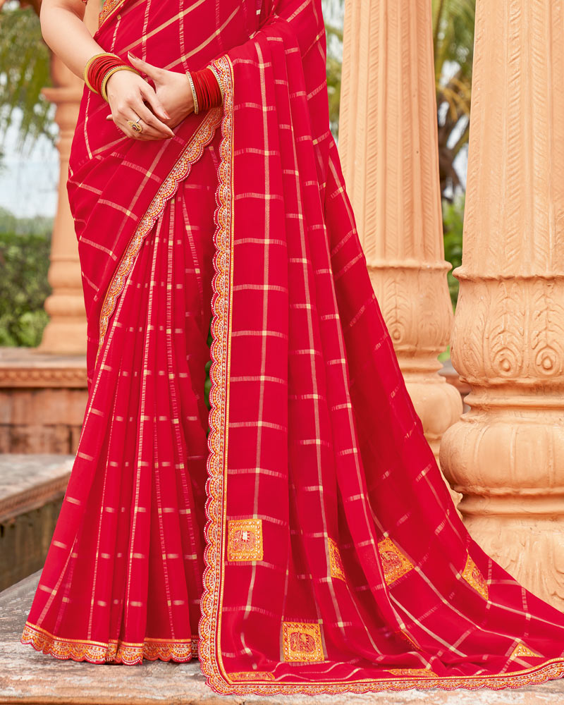 Vishal Prints Lipstick Red Designer Patterned Chiffon Traditional Print Saree With Embroidery Patch Work And Cut Work Border