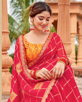 Vishal Prints Lipstick Red Designer Patterned Chiffon Traditional Print Saree With Embroidery Patch Work And Cut Work Border