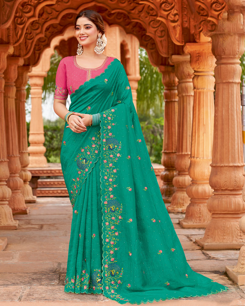Vishal Prints Teal Green Designer Fancy Crushed Tissue Saree With Embroidery-Diamond Work And Cut Work Border