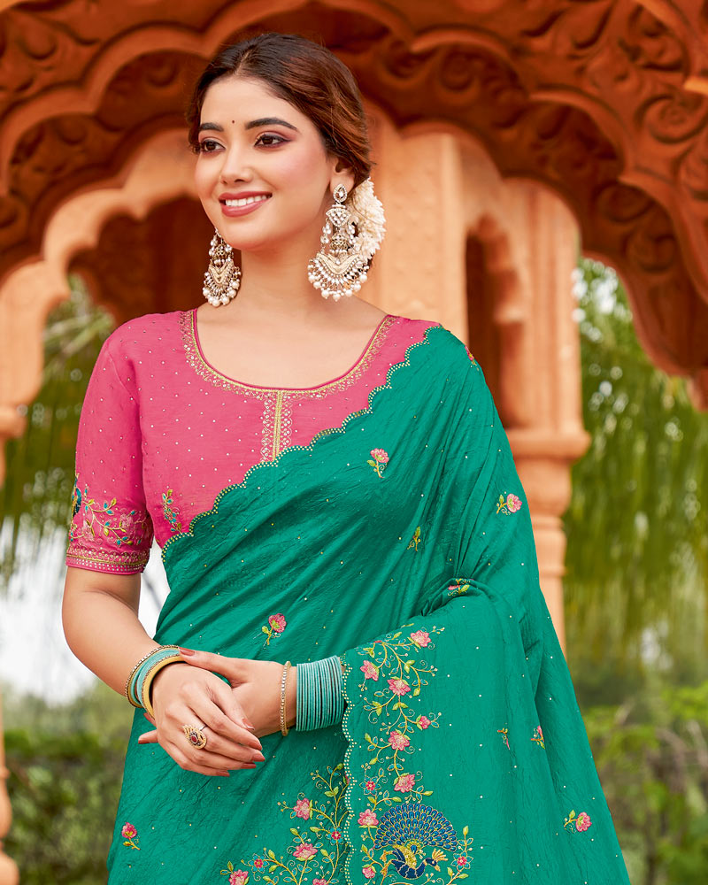 Vishal Prints Teal Green Designer Fancy Crushed Tissue Saree With Embroidery-Diamond Work And Cut Work Border