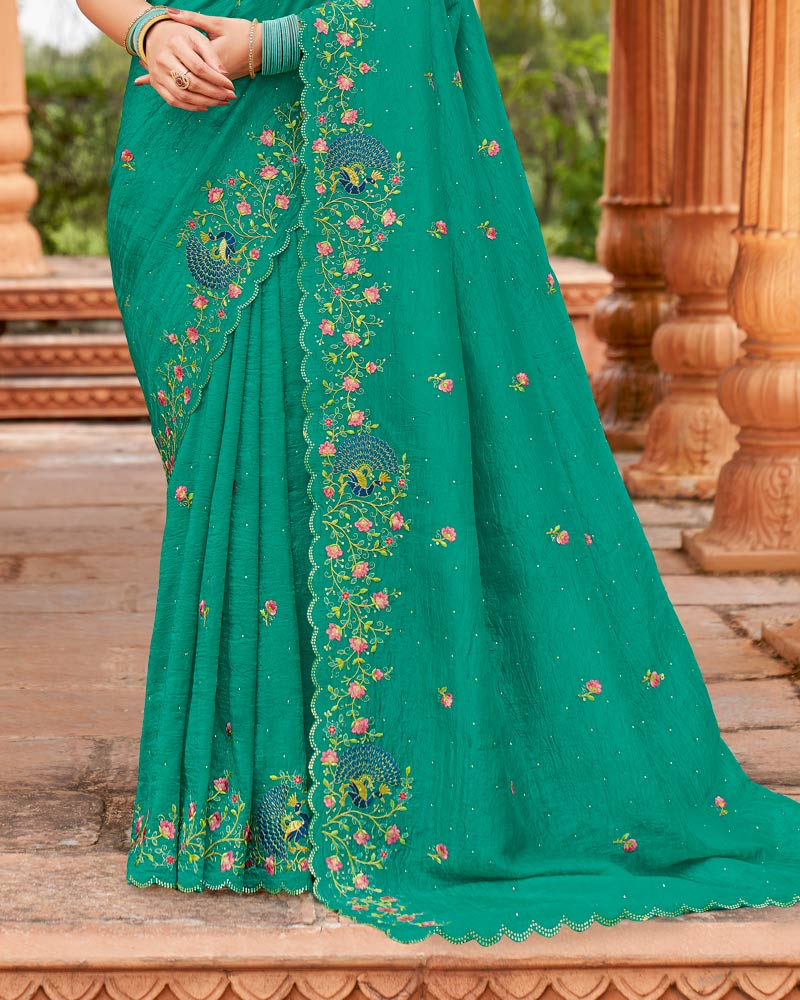 Vishal Prints Teal Green Designer Fancy Crushed Tissue Saree With Embroidery-Diamond Work And Cut Work Border