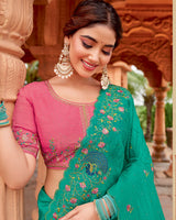 Vishal Prints Teal Green Designer Fancy Crushed Tissue Saree With Embroidery-Diamond Work And Cut Work Border