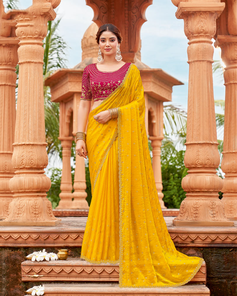 Vishal Prints Yellow Orange Designer Organza Saree With Diamond Work And Cut Work Embroidery Border