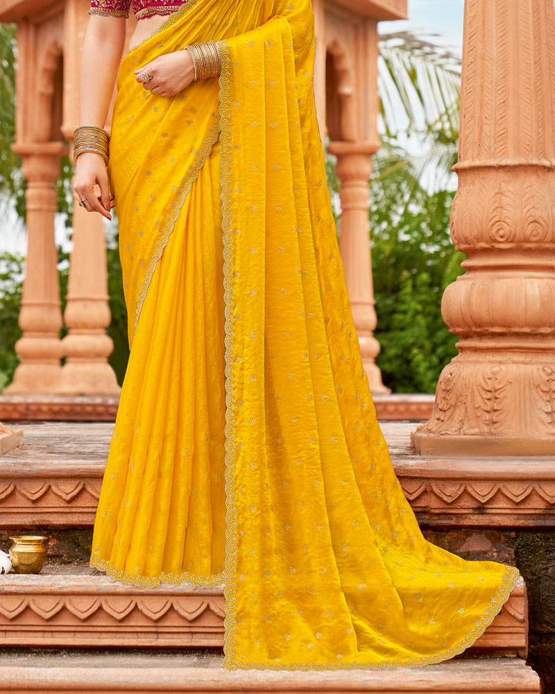 Vishal Prints Yellow Orange Designer Organza Saree With Diamond Work And Cut Work Embroidery Border