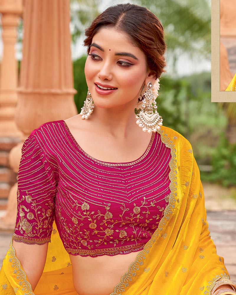 Vishal Prints Yellow Orange Designer Organza Saree With Diamond Work And Cut Work Embroidery Border