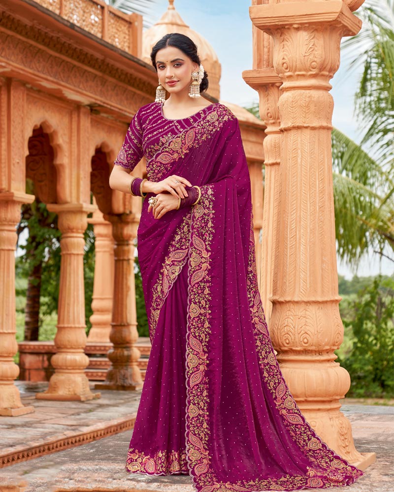Vishal Prints Dark Red Purple Designer Organza Saree With Embroidery-Diamond Work And Cut Work Border