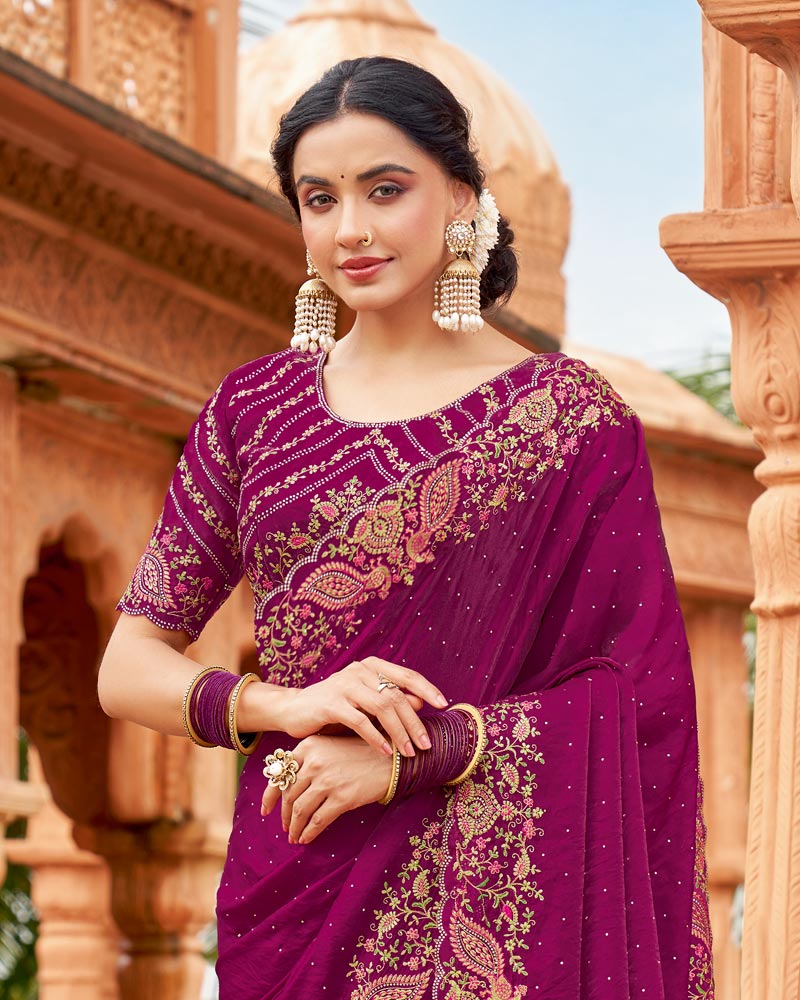 Vishal Prints Dark Red Purple Designer Organza Saree With Embroidery-Diamond Work And Cut Work Border