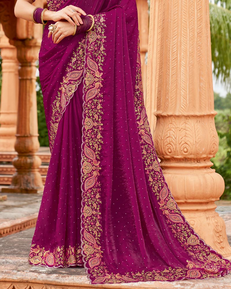 Vishal Prints Dark Red Purple Designer Organza Saree With Embroidery-Diamond Work And Cut Work Border