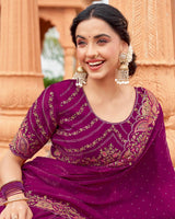 Vishal Prints Dark Red Purple Designer Organza Saree With Embroidery-Diamond Work And Cut Work Border