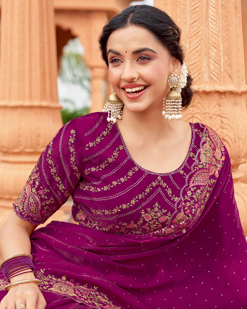 Vishal Prints Dark Red Purple Designer Organza Saree With Embroidery-Diamond Work And Cut Work Border
