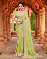 Vishal Prints Pale Olive Green Designer Crushed Chiffon Saree With Embroidery-Diamond Work And Cut Work Border
