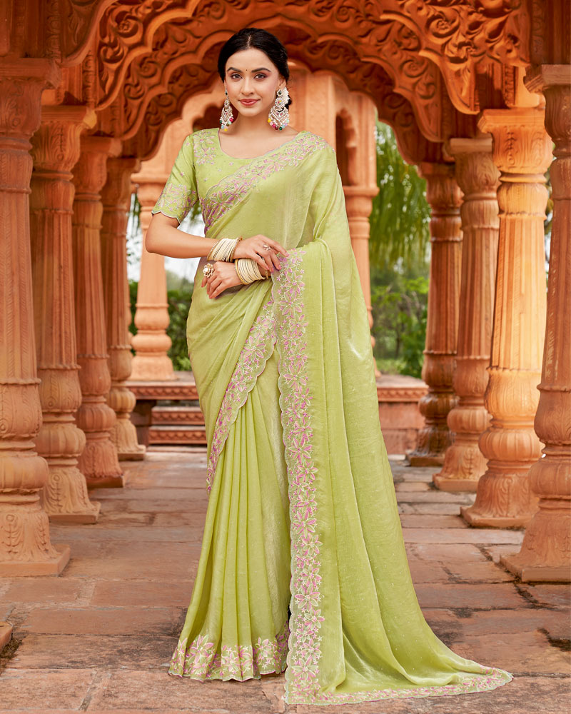 Vishal Prints Pale Olive Green Designer Crushed Chiffon Saree With Embroidery-Diamond Work And Cut Work Border