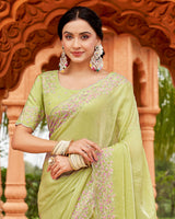 Vishal Prints Pale Olive Green Designer Crushed Chiffon Saree With Embroidery-Diamond Work And Cut Work Border