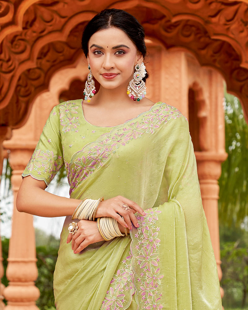 Vishal Prints Pale Olive Green Designer Crushed Chiffon Saree With Embroidery-Diamond Work And Cut Work Border