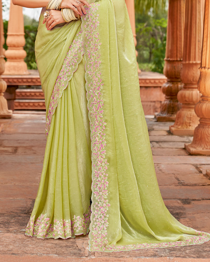 Vishal Prints Pale Olive Green Designer Crushed Chiffon Saree With Embroidery-Diamond Work And Cut Work Border