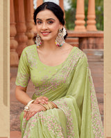 Vishal Prints Pale Olive Green Designer Crushed Chiffon Saree With Embroidery-Diamond Work And Cut Work Border