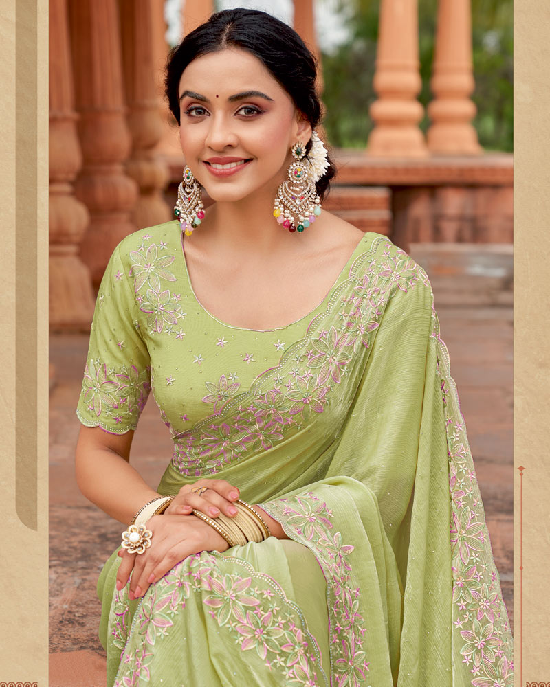 Vishal Prints Pale Olive Green Designer Crushed Chiffon Saree With Embroidery-Diamond Work And Cut Work Border