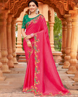 Vishal Prints Watermelon Pink Designer Crushed Tissue Saree With Embroidery-Diamond Work And Cut Work Border