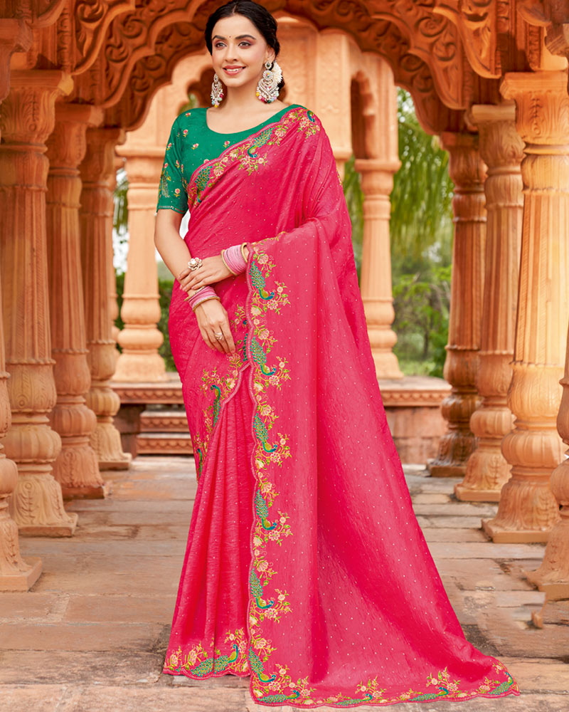Vishal Prints Watermelon Pink Designer Crushed Tissue Saree With Embroidery-Diamond Work And Cut Work Border