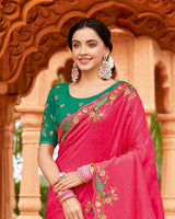 Vishal Prints Watermelon Pink Designer Crushed Tissue Saree With Embroidery-Diamond Work And Cut Work Border