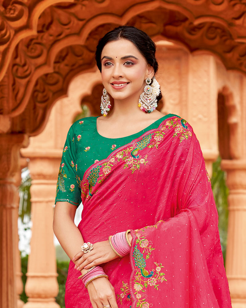 Vishal Prints Watermelon Pink Designer Crushed Tissue Saree With Embroidery-Diamond Work And Cut Work Border