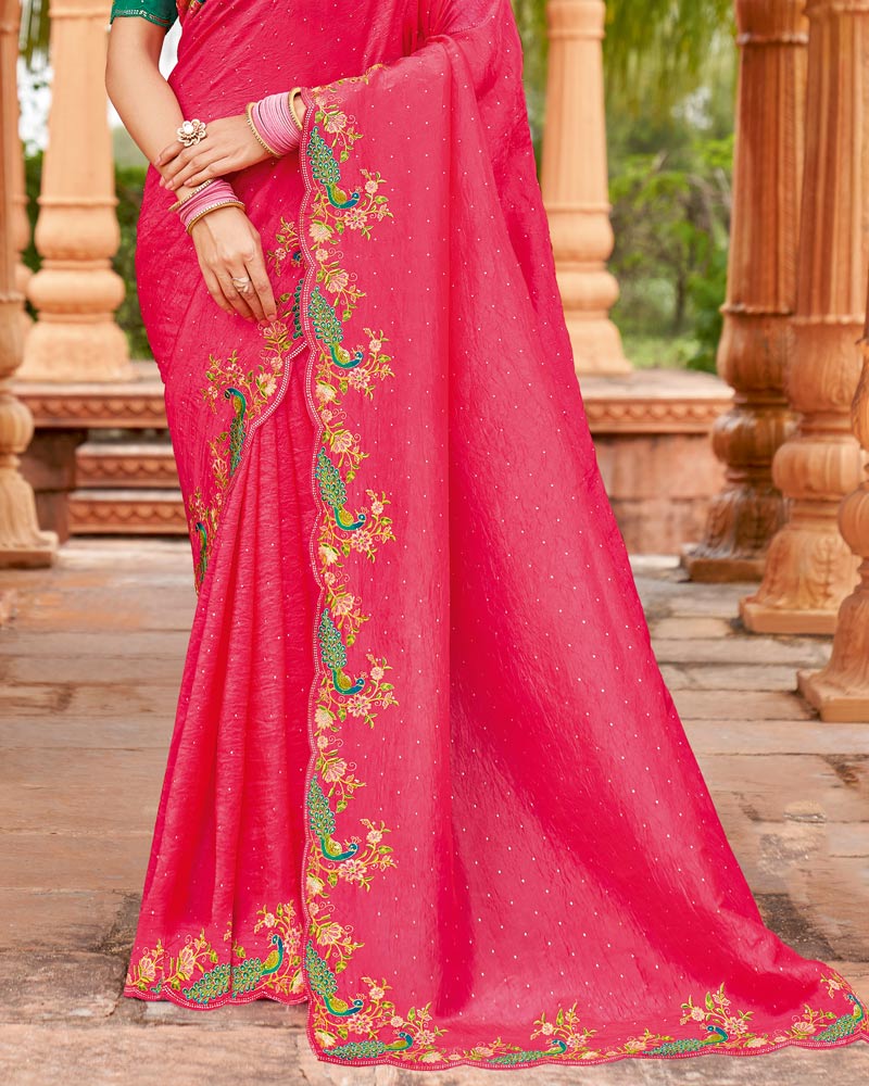 Vishal Prints Watermelon Pink Designer Crushed Tissue Saree With Embroidery-Diamond Work And Cut Work Border