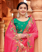 Vishal Prints Watermelon Pink Designer Crushed Tissue Saree With Embroidery-Diamond Work And Cut Work Border
