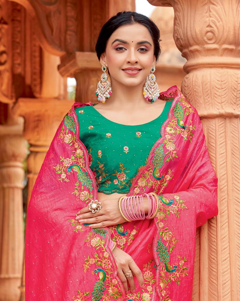 Vishal Prints Watermelon Pink Designer Crushed Tissue Saree With Embroidery-Diamond Work And Cut Work Border