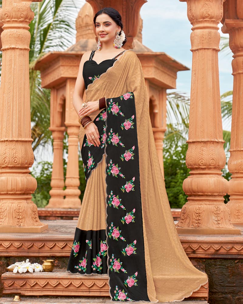 Vishal Prints Black And Dark Beige Designer Fancy Chiffon Saree With Embroidery-Diamond Work And Cut Work Border