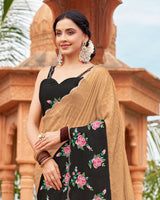 Vishal Prints Black And Dark Beige Designer Fancy Chiffon Saree With Embroidery-Diamond Work And Cut Work Border