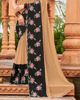 Vishal Prints Black And Dark Beige Designer Fancy Chiffon Saree With Embroidery-Diamond Work And Cut Work Border