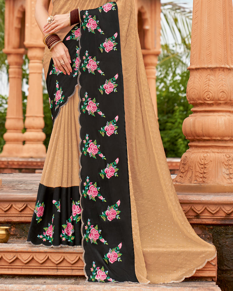 Vishal Prints Black And Dark Beige Designer Fancy Chiffon Saree With Embroidery-Diamond Work And Cut Work Border