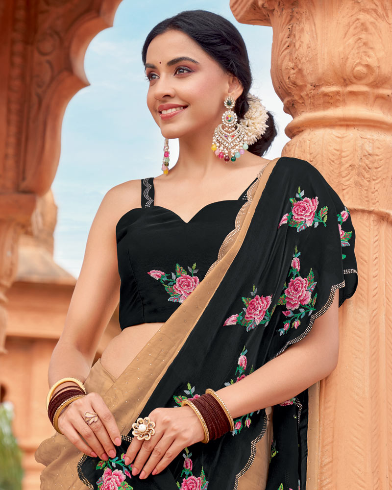 Vishal Prints Black And Dark Beige Designer Fancy Chiffon Saree With Embroidery-Diamond Work And Cut Work Border