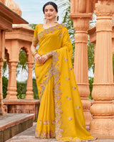 Vishal Prints Burnt Yellow Designer Organza Saree With Embroidery-Diamond Work And Cut Work Border