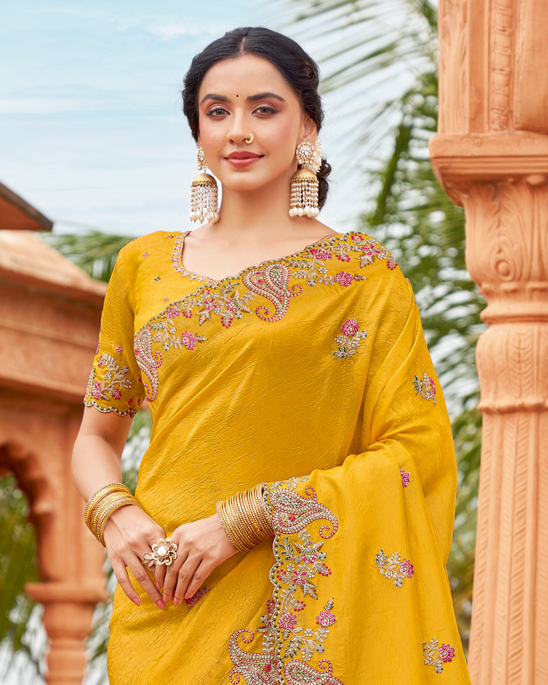 Vishal Prints Burnt Yellow Designer Organza Saree With Embroidery-Diamond Work And Cut Work Border