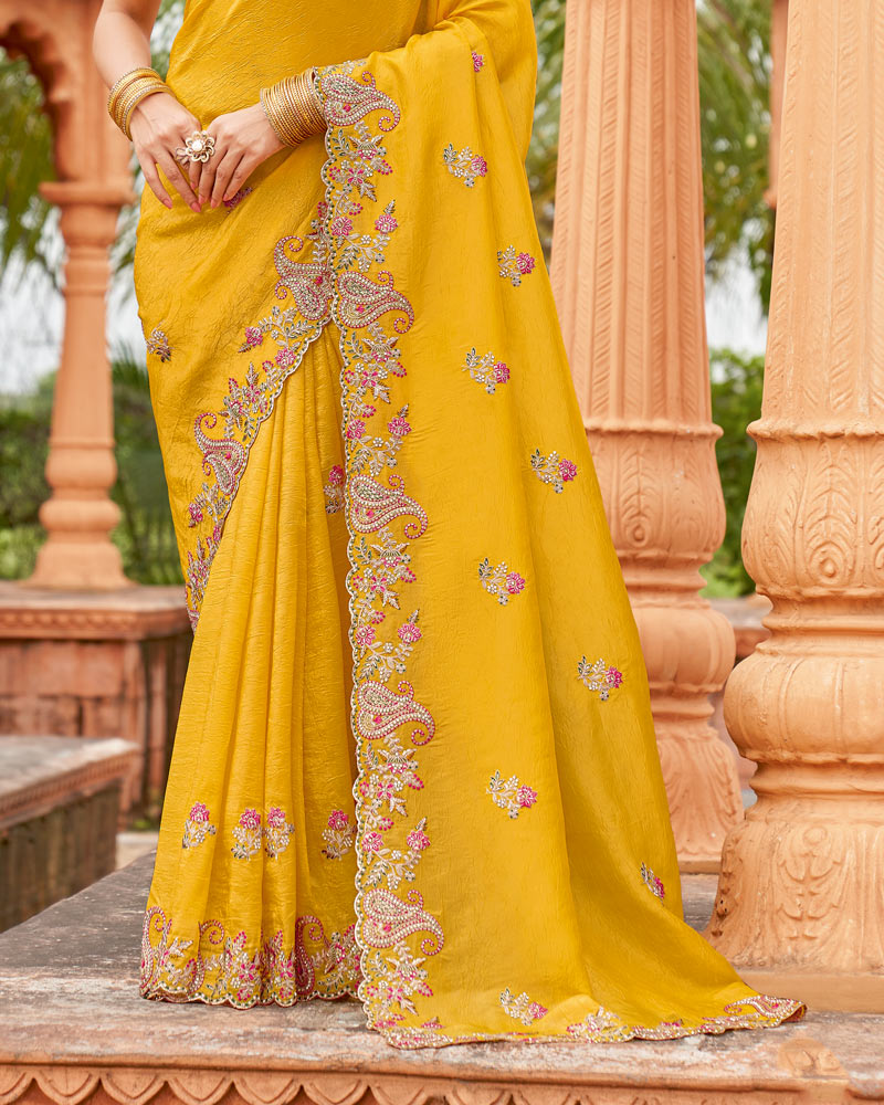 Vishal Prints Burnt Yellow Designer Organza Saree With Embroidery-Diamond Work And Cut Work Border