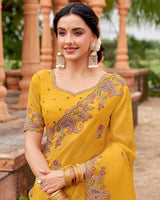 Vishal Prints Burnt Yellow Designer Organza Saree With Embroidery-Diamond Work And Cut Work Border