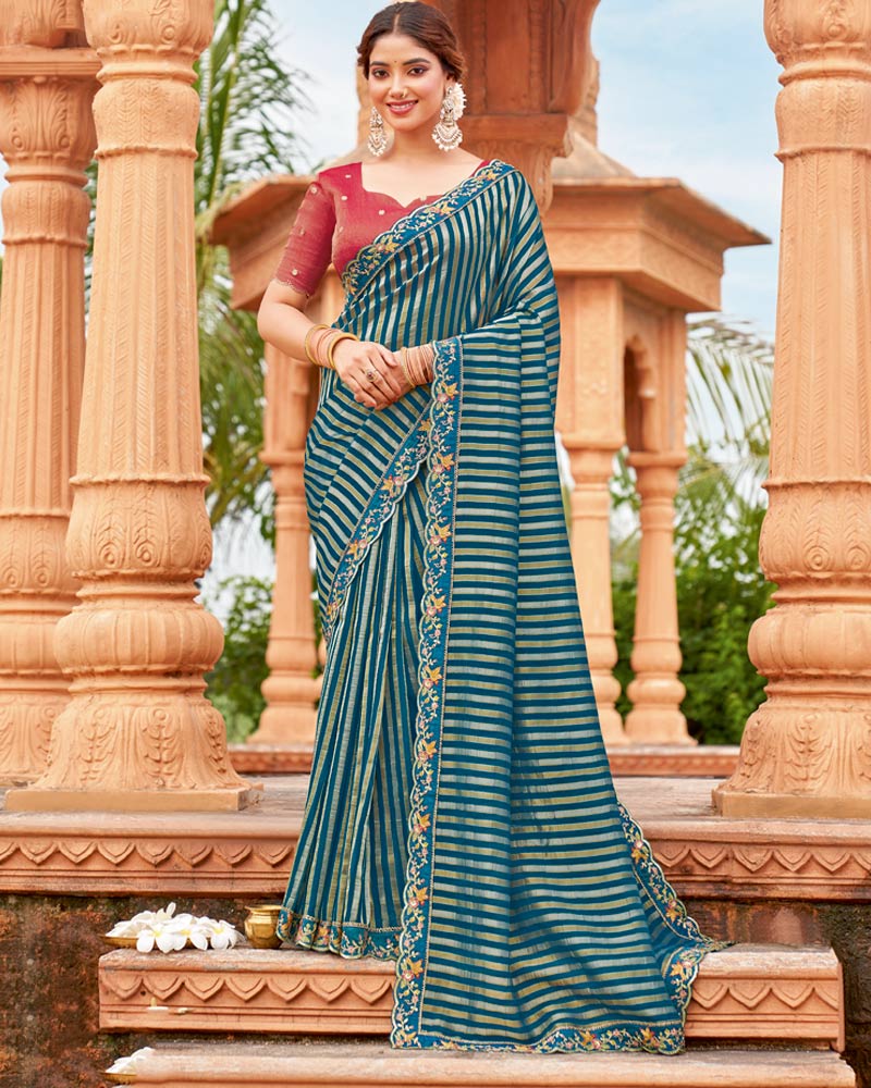 Vishal Prints Regal Blue And Khaki Green Designer Fancy Chiffon Saree With Cut Work Embroidery Border
