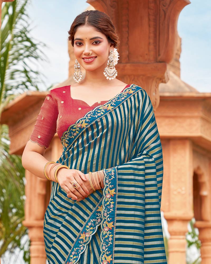 Vishal Prints Regal Blue And Khaki Green Designer Fancy Chiffon Saree With Cut Work Embroidery Border
