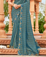 Vishal Prints Regal Blue And Khaki Green Designer Fancy Chiffon Saree With Cut Work Embroidery Border