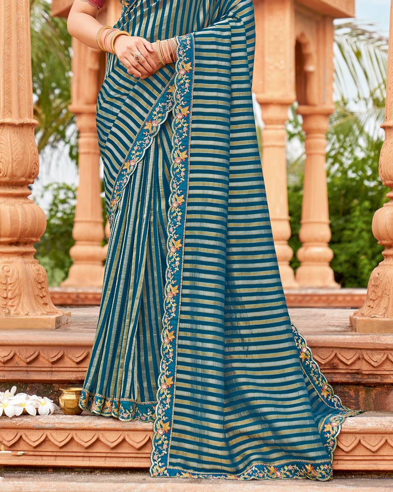 Vishal Prints Regal Blue And Khaki Green Designer Fancy Chiffon Saree With Cut Work Embroidery Border