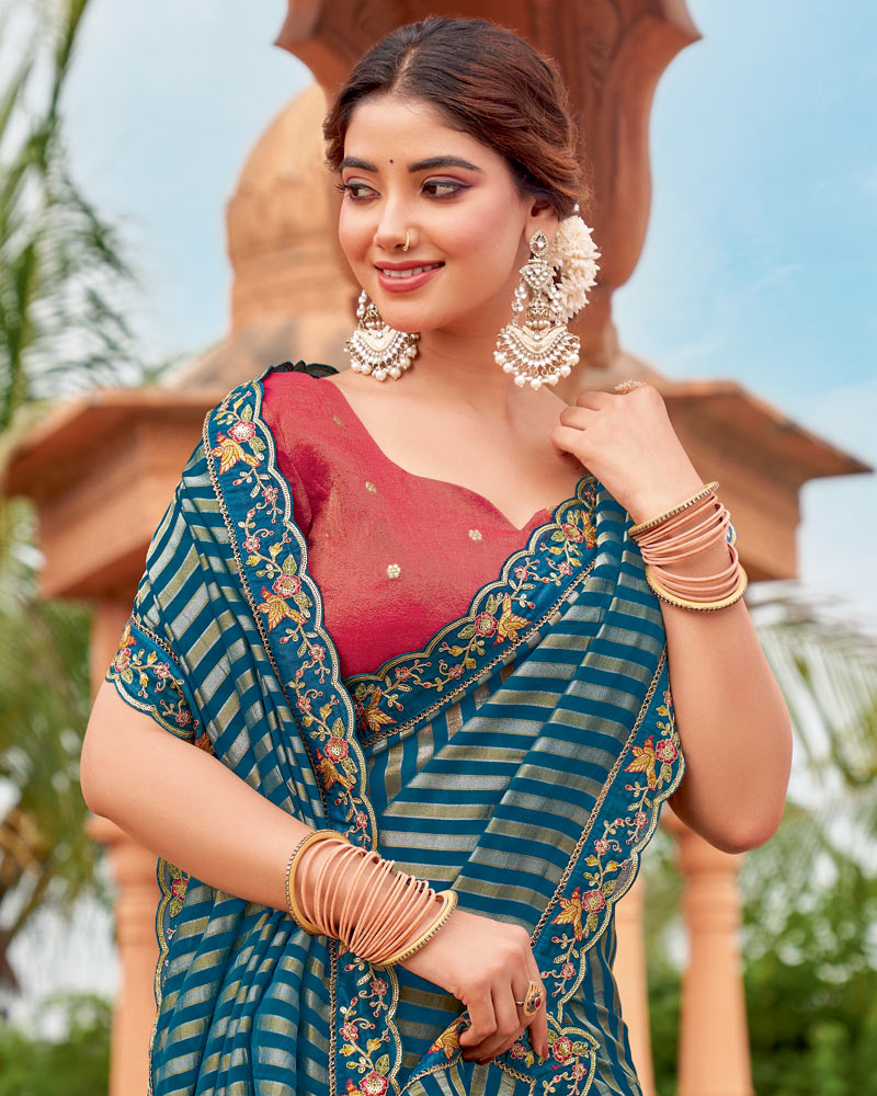 Vishal Prints Regal Blue And Khaki Green Designer Fancy Chiffon Saree With Cut Work Embroidery Border